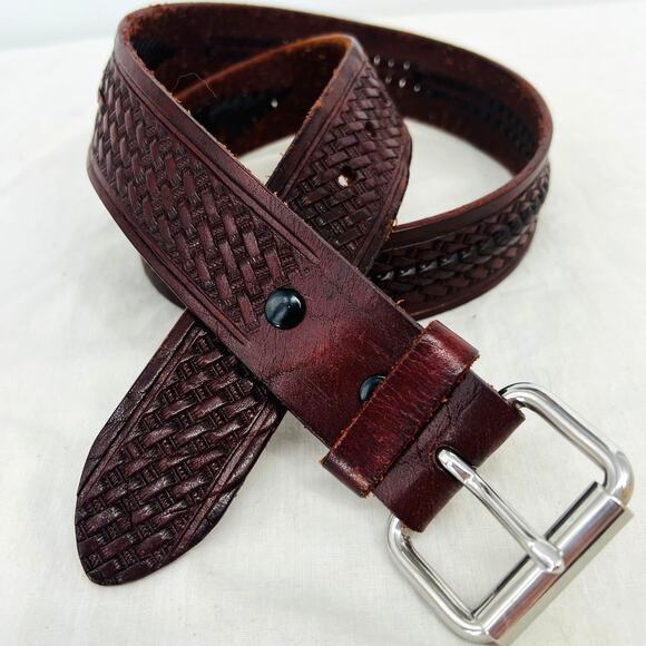 Genuine Leather Oxblood Color Tooled and Lashed Belt 36  Western Boho Artisan - Picture 1 of 6